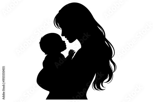 Silhouette of young asian female holding baby in gentle embrace.