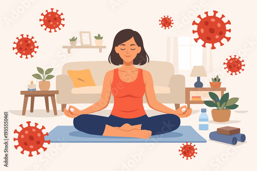 Calm woman meditating in lotus pose on yoga mat at home during coronavirus COVID-19 pandemic, practicing mindfulness and self-care in isolation for mental health and wellness vector illustration.