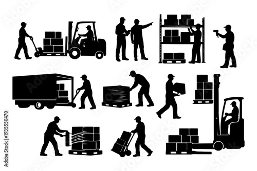 Silhouettes of warehouse workers with equipment and cargo handling.