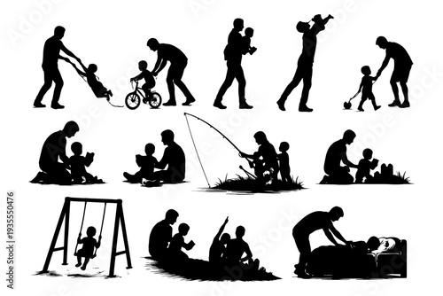 Silhouettes of caucasian male adults playing and bonding with children in various outdoor activities.