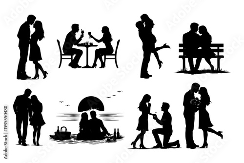 Silhouettes of romantic couples in various loving poses and scenes.