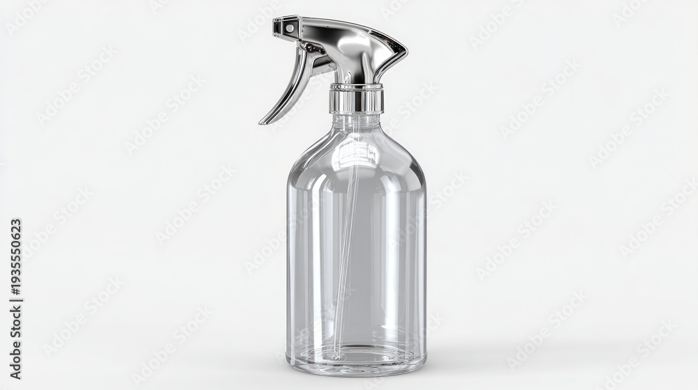 Obraz premium Clear glass spray bottle with silver trigger sprayer. Elegant design, perfect for cleaning, plants, or crafts