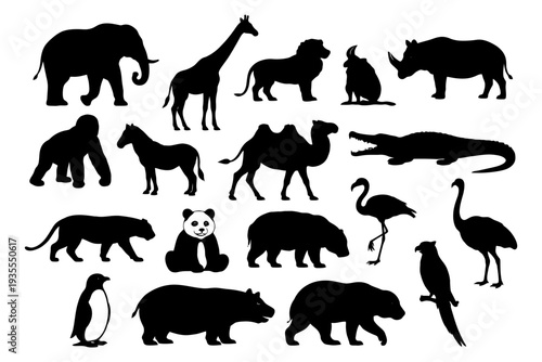 Silhouettes of diverse animals including elephant, giraffe, rhino, panda, camel, flamingo, and crocodile.