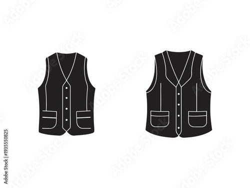 Two black sleeveless jackets with white outlines and buttons  isolated on white background