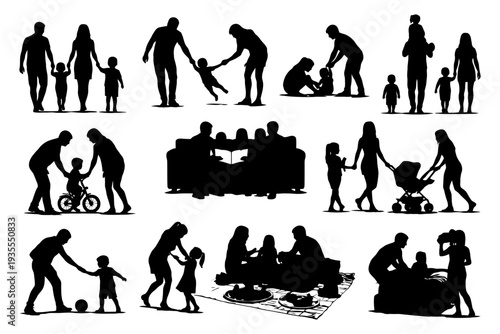 Silhouettes of diverse families engaging in various activities.