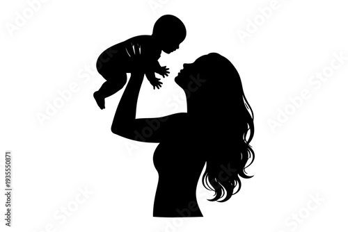 Silhouette of caucasian female adult holding baby against white background.