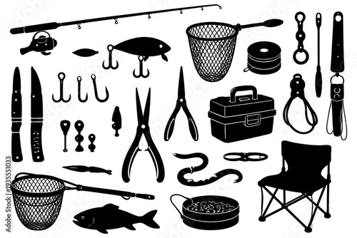 Fishing equipment icons: tackle, rods, hooks, scissors, chair, net for anglers.