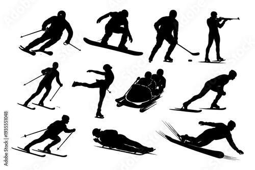 Silhouettes of winter sports enthusiasts engaged in various activities.