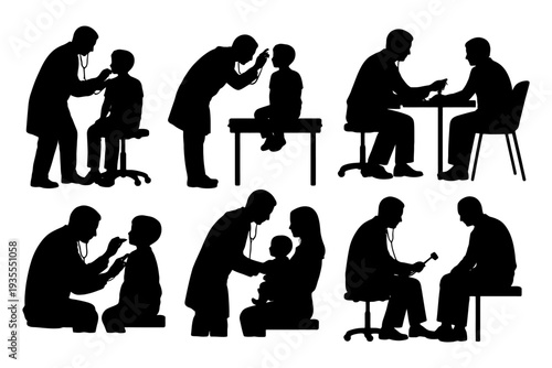 Silhouette of pediatric doctor examining child in various medical scenarios.