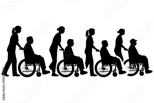Silhouette of female caregivers assisting elderly individuals in wheelchairs.