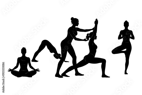 Silhouette of women practicing yoga: diverse poses and meditation.