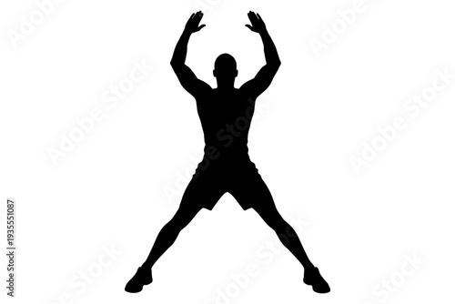 Silhouette of male performing jumping jacks exercise.