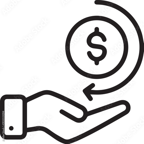 Cashback and refund icon, money back guarantee concept, hand holding dollar coin with return arrow, financial investment ROI vector line art.
