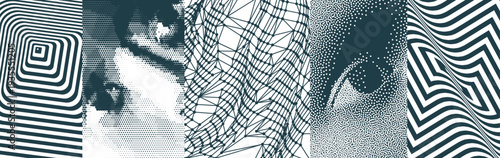 Looking eyes. Digital vision. Security technology and surveillance. Grid. Optic art. Squares within squares. Wavy surface. Black and white. Vector for brochure, poster, presentation, flyer or banner.