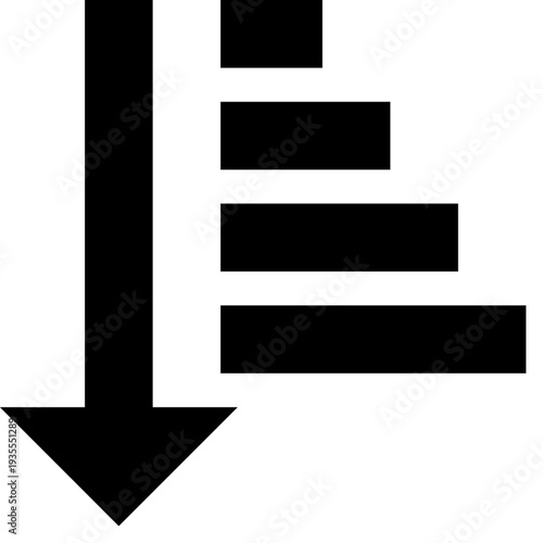 Black Downward Arrow with Horizontal Bars on White Background