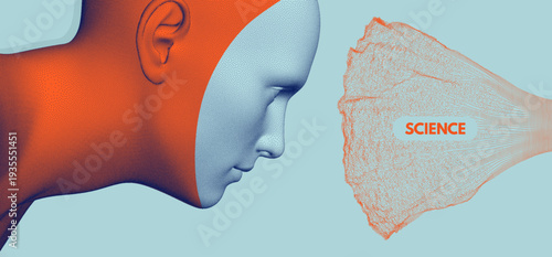 The concept of human contact with artificial intelligence. A man studies big data. Circle element. Array with dynamic particles. Illustration for brochure, poster, cover, card, presentation, flyer.