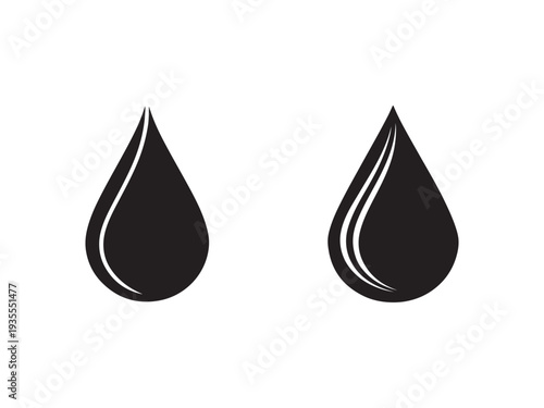 Two black teardrop shapes with white highlights side by side on white background  simple abstract design elements