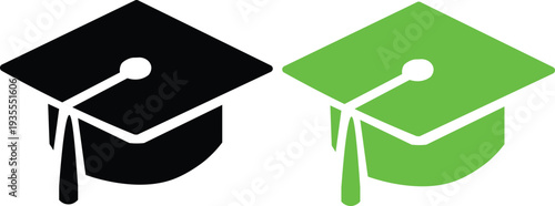 Graduation caps icons in black and green colors for education and academic success symbols