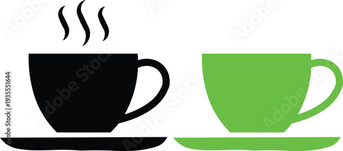 Two coffee cups one steaming hot on saucer isolated on white background