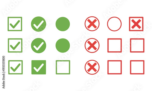 Checkmark and Cross Symbols: Green, Red UI Elements