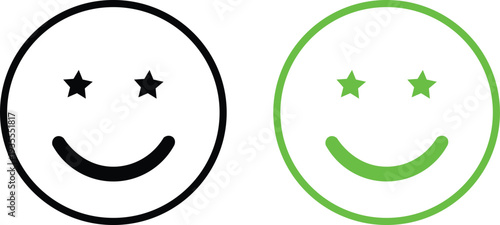 Smiling face icons with star eyes in black and green outline on white background