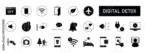 Digital detox icon set. Containing unplug, no phone, offline, airplane mode, no wifi, turn off notifications, blue light filter, forest walk, reading and more. Solid vector icons collection. eps 10