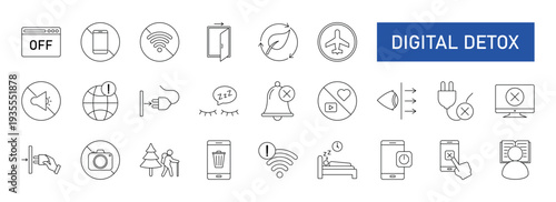 Digital detox icon set. Containing unplug, no phone, offline, airplane mode, no wifi, turn off notifications, blue light filter, forest walk, reading and more. Solid vector icons collection. eps 10