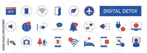Digital detox icon set. Containing unplug, no phone, offline, airplane mode, no wifi, turn off notifications, blue light filter, forest walk, reading and more. Solid vector icons collection. eps 10