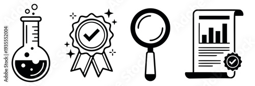 Modern line art icons set featuring a laboratory flask, quality badge, magnifying glass, and document with a chart for science, research, and business concepts