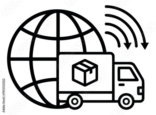 Line art illustration of global shipping depicting a delivery truck with a package and transmission signals for logistics and e-commerce business