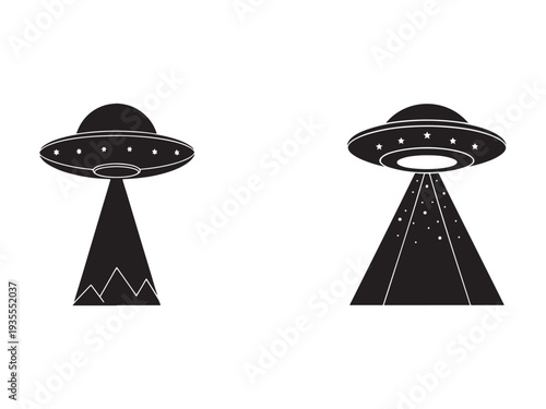 Two black UFOs flying in the night sky with beams and stars  science fiction illustration