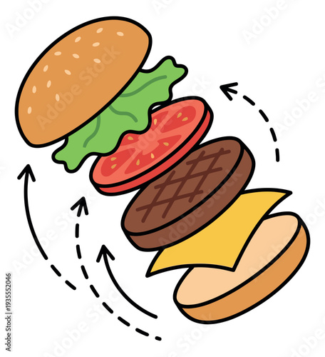 Colorful hand drawn line art illustration of a deconstructed burger depicting ingredients floating for food preparation concepts