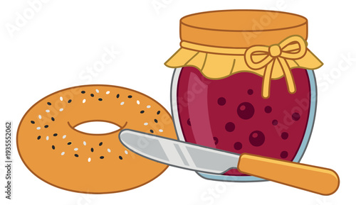 Cartoon style illustration of a bagel and jam depicting a breakfast setup for food design
