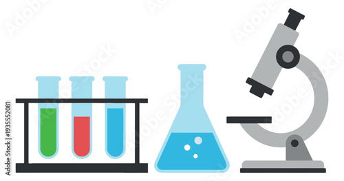 Flat design laboratory tools set featuring a microscope, test tubes, and a flask for scientific education