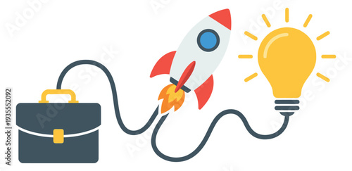 Flat design illustration of business development depicting a briefcase connected to a rocket and lightbulb for innovation and entrepreneurship