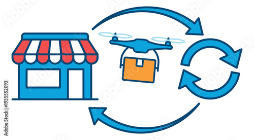 Line art illustration of a drone package delivery depicting e-commerce logistics for modern retail