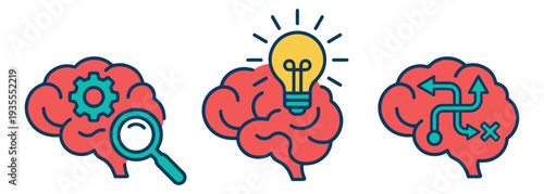 Colorful line art brain concept set featuring analysis, ideas, and strategy for problem solving and cognitive functions