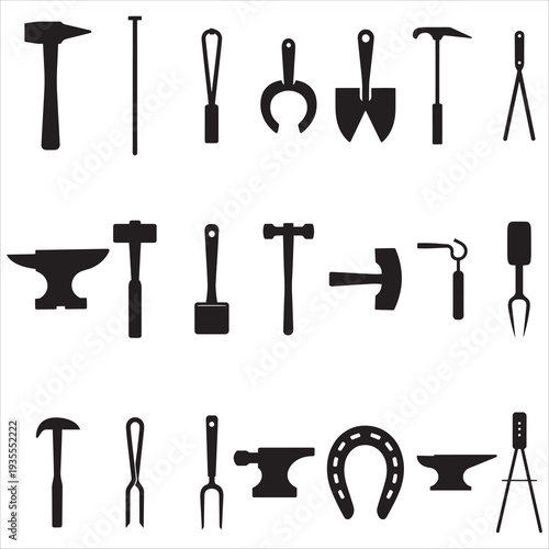 Blacksmith tools silhouette set with anvil hammer and forging equipment