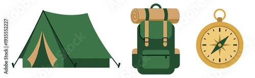 Flat design camping equipment set featuring a tent, a hiking backpack, and a compass for outdoor adventure