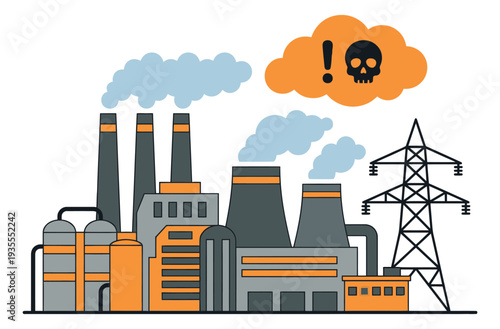 Line art illustration of industrial factory pollution depicting harmful smoke with a skull warning for environmental concern