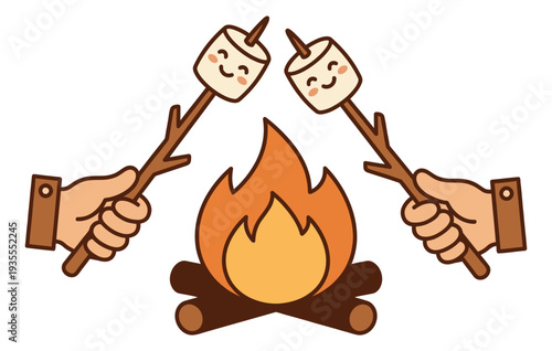 Cute hand drawn line art illustration of marshmallows and campfire depicting roasting over a fire for summer camping