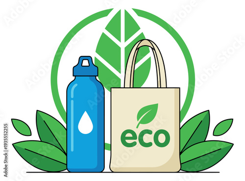 Line art eco friendly items set featuring a reusable water bottle and tote bag for sustainable living
