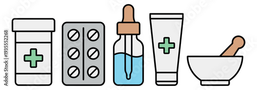 Clean line art pharmacy icon set featuring a pill bottle, blister pack, dropper, cream tube, and mortar and pestle for medical and healthcare design