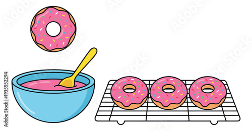 Cartoon line art dessert set featuring pink frosted donuts, an icing bowl, and a cooling rack for baking sweet treats