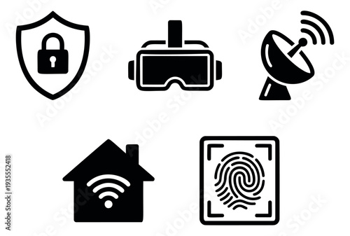 Modern graphic technology icons set featuring a shield with padlock, VR headset, satellite dish, smart home, and fingerprint for digital concepts