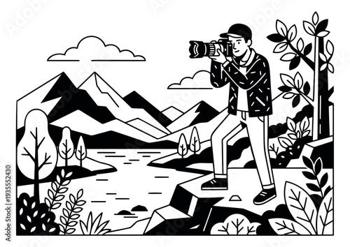 Modern line art illustration of a photographer depicting taking photos in a mountain landscape for outdoor travel and photography concepts
