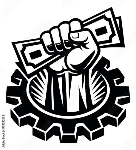 Line art illustration of a clenched fist holding money rising from a gear depicting economic power and workers' rights