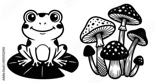 Hand drawn line art nature elements set featuring a frog on a lily pad and a group of mushrooms for children's designs