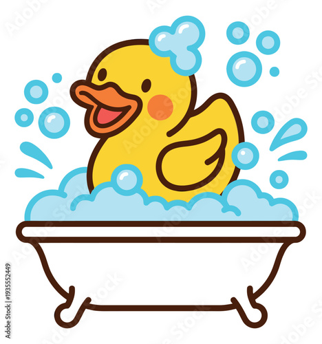 Cute line art illustration of a rubber duck depicting bathing in a bathtub with bubbles for kids' bath time activities