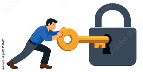 Flat design illustration of a man depicting pushing a key into a padlock for problem solving